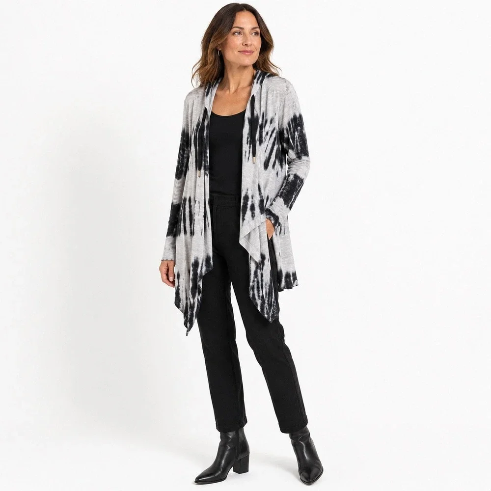 XCVI Tie Dye Hooded Cardigan M Black Gray Open Front Boho Asymmetrical Lagenlook
